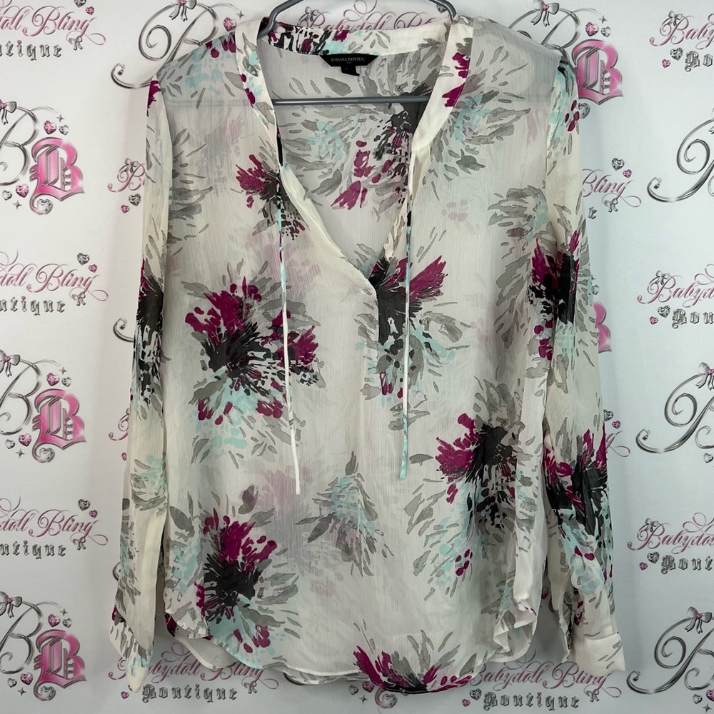 Banana Republic long sleeve firework Sheer Floral Blouse - Cream and Purple